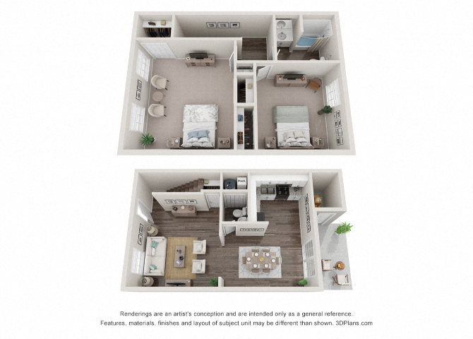 Floor plan for 2 beds, 1.5 baths, 987 sqft
